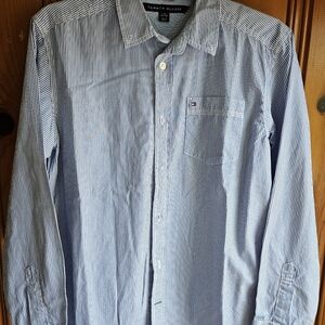Tommy Hilfiger Men's,women Button Up Long Sleeve Blue Striped Dress Shirt Size L